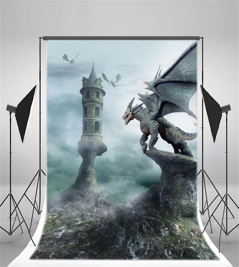 AOFOTO 5x7ft Tower Guarded by Dragons Backdrop Fantastic Magical World Creature Photography Background Boys Kids Birthday Party Decoration Baby Portrait Imaginary Halloween Photo Shoot Props Vinyl - Image 2